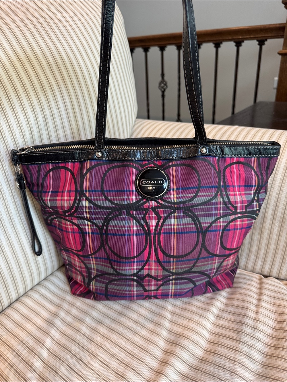 Coach poppy tartan plaid shoulder tote bag purse